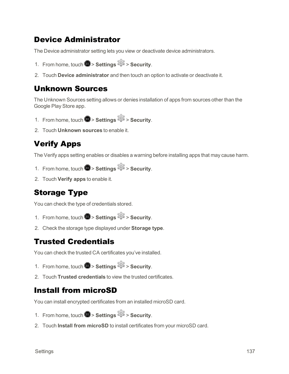 Device administrator, Unknown sources, Verify apps | Storage type, Trusted credentials, Install from microsd | Sharp AQUOS Crystal User Manual | Page 147 / 171