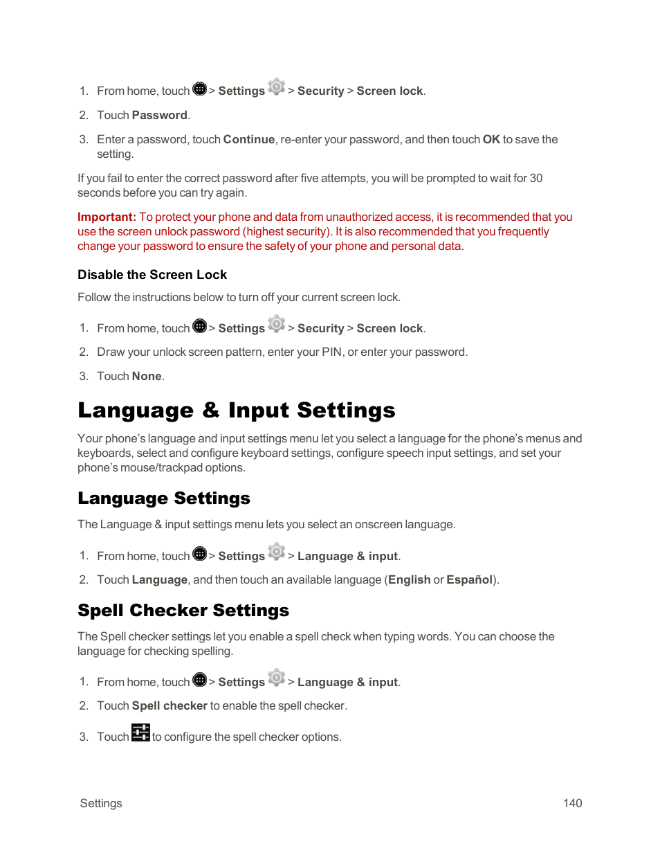 Language & input settings, Language settings, Spell checker settings | Sharp AQUOS Crystal User Manual | Page 150 / 171