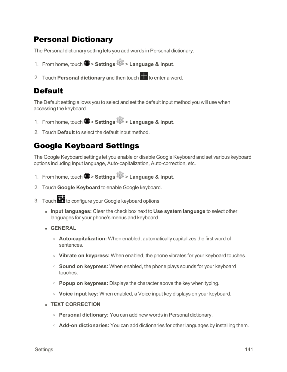 Personal dictionary, Default, Google keyboard settings | Sharp AQUOS Crystal User Manual | Page 151 / 171