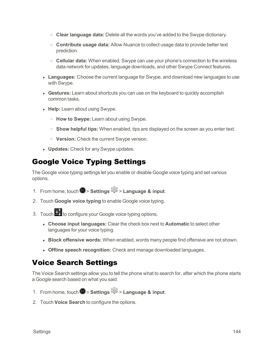 Google voice typing settings, Voice search settings | Sharp AQUOS Crystal User Manual | Page 154 / 171