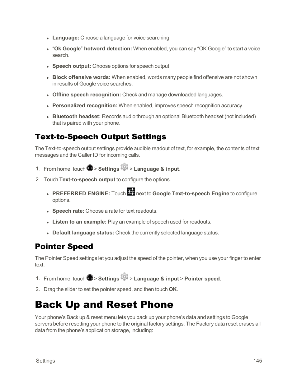 Text-to-speech output settings, Pointer speed, Back up and reset phone | Sharp AQUOS Crystal User Manual | Page 155 / 171