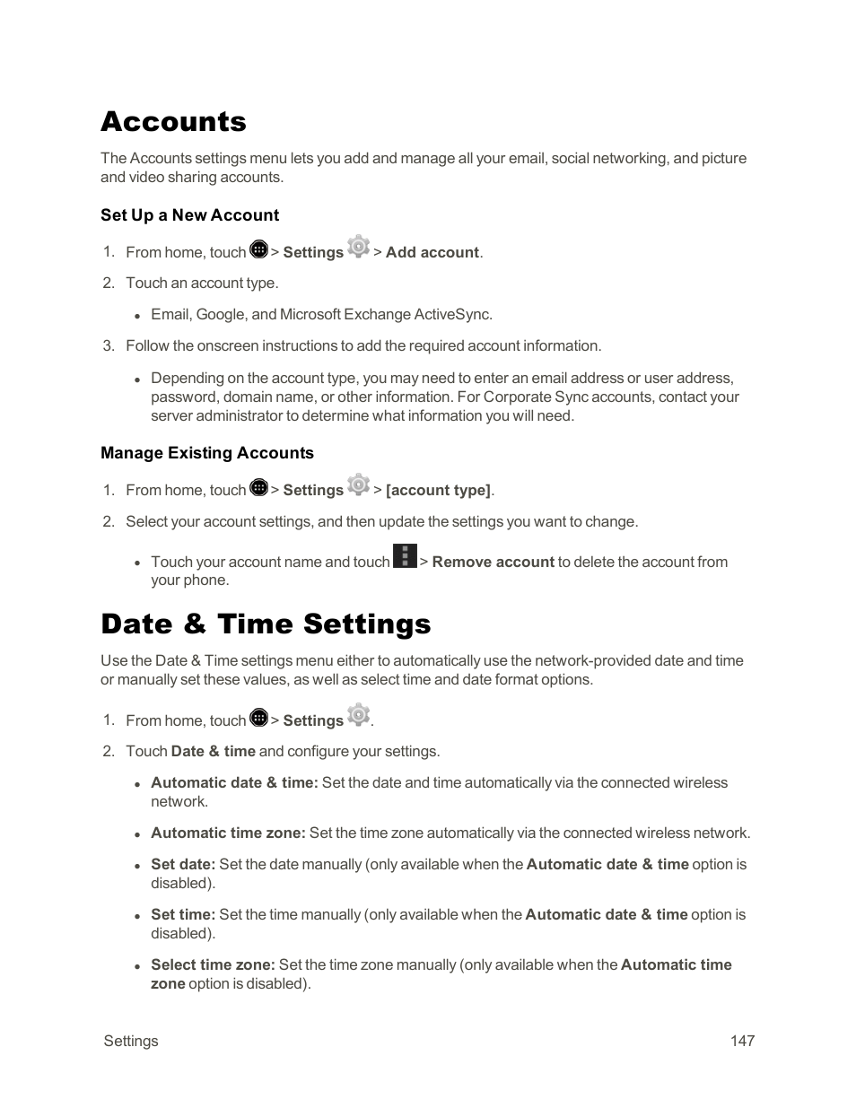 Accounts, Date & time settings | Sharp AQUOS Crystal User Manual | Page 157 / 171