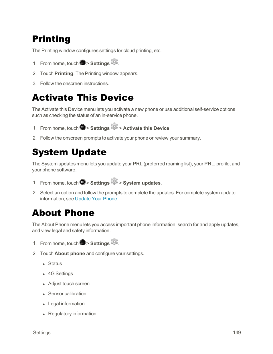 Printing, Activate this device, System update | About phone | Sharp AQUOS Crystal User Manual | Page 159 / 171