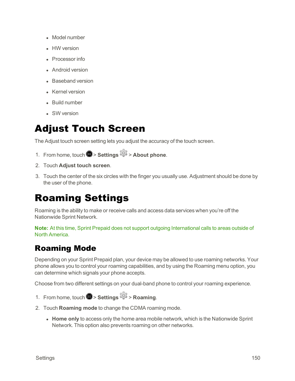 Adjust touch screen, Roaming settings, Roaming mode | Sharp AQUOS Crystal User Manual | Page 160 / 171