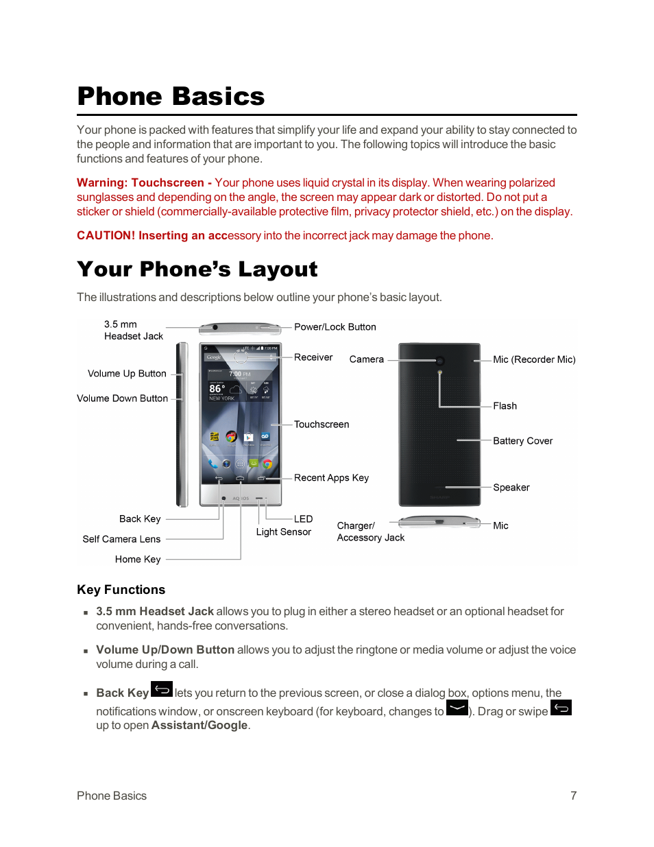 Phone basics, Your phone’s layout | Sharp AQUOS Crystal User Manual | Page 17 / 171