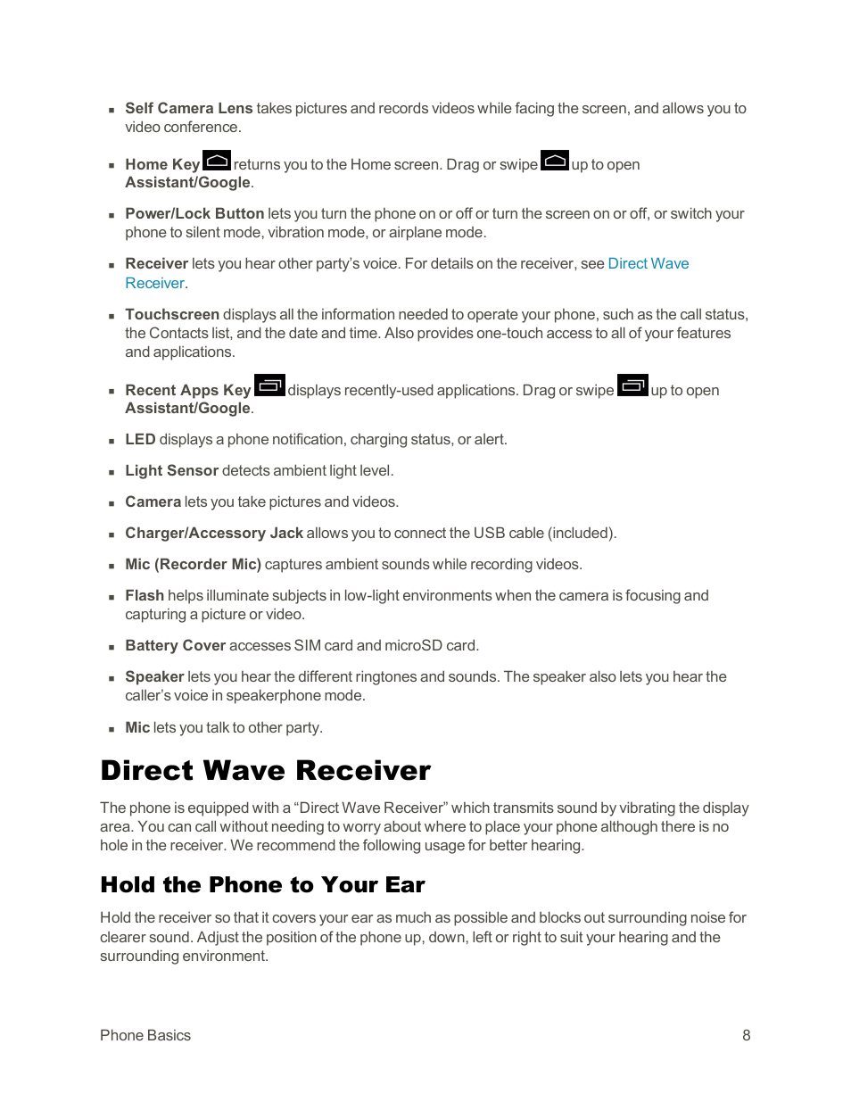 Direct wave receiver, Hold the phone to your ear | Sharp AQUOS Crystal User Manual | Page 18 / 171