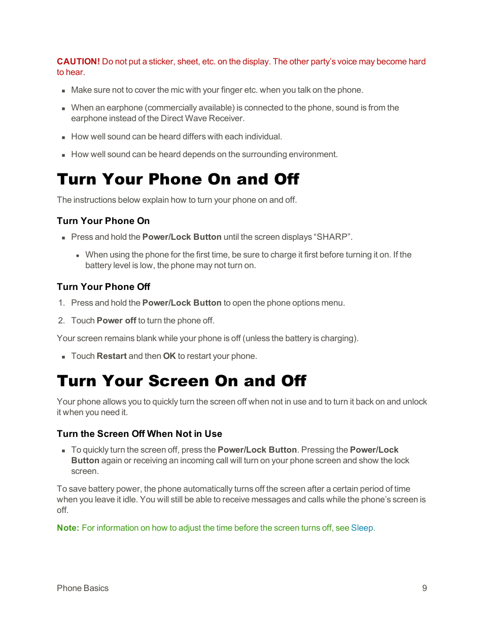 Turn your phone on and off, Turn your screen on and off | Sharp AQUOS Crystal User Manual | Page 19 / 171