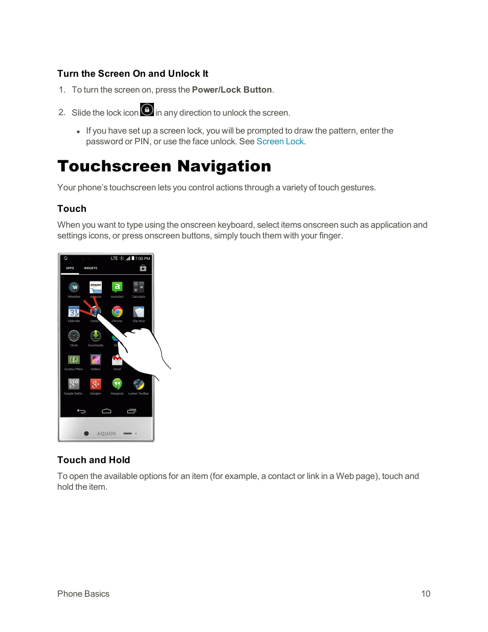 Touchscreen navigation | Sharp AQUOS Crystal User Manual | Page 20 / 171