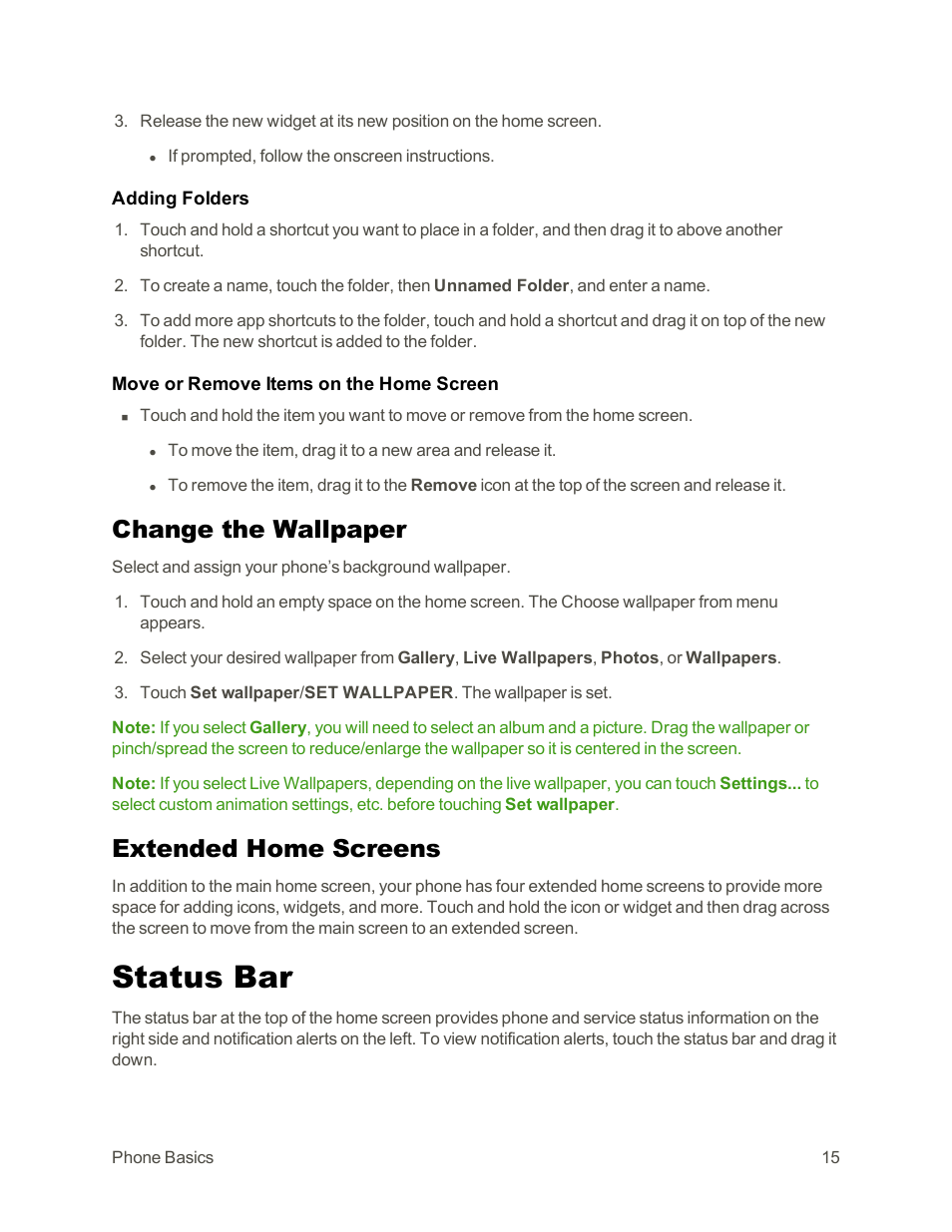 Change the wallpaper, Extended home screens, Status bar | Sharp AQUOS Crystal User Manual | Page 25 / 171