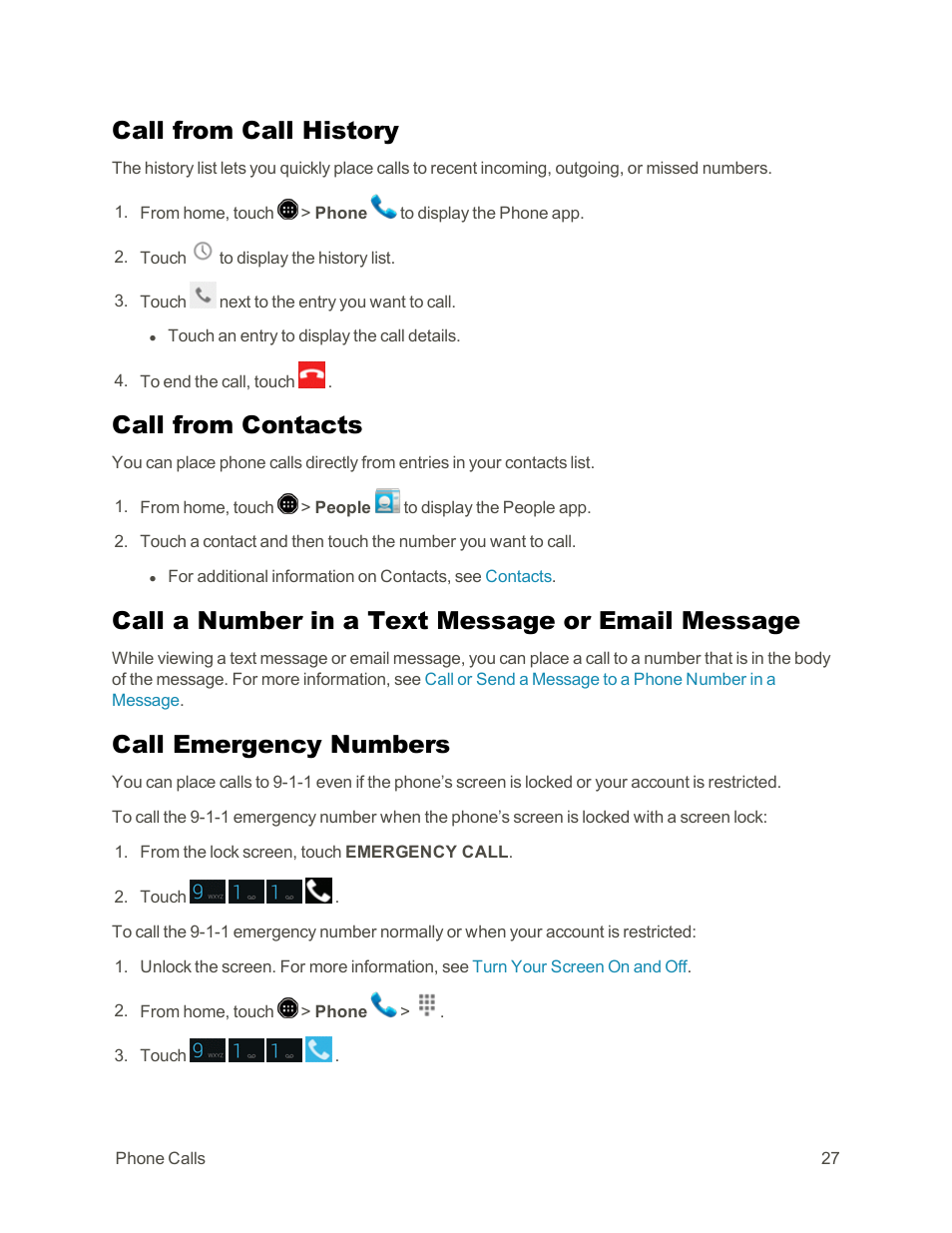 Call from call history, Call from contacts, Call a number in a text message or email message | Call emergency numbers | Sharp AQUOS Crystal User Manual | Page 37 / 171