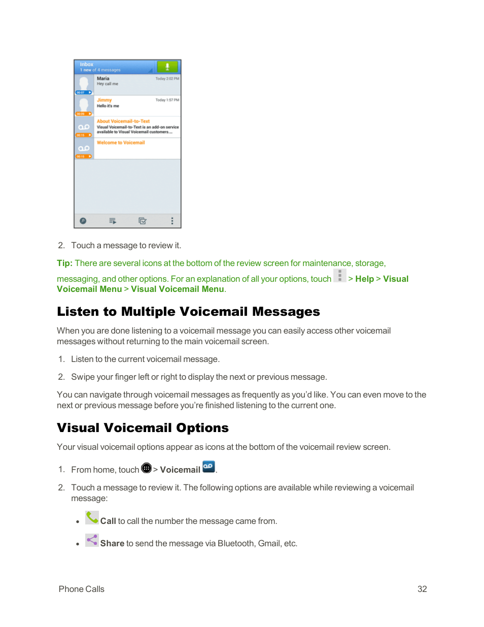 Listen to multiple voicemail messages, Visual voicemail options | Sharp AQUOS Crystal User Manual | Page 42 / 171