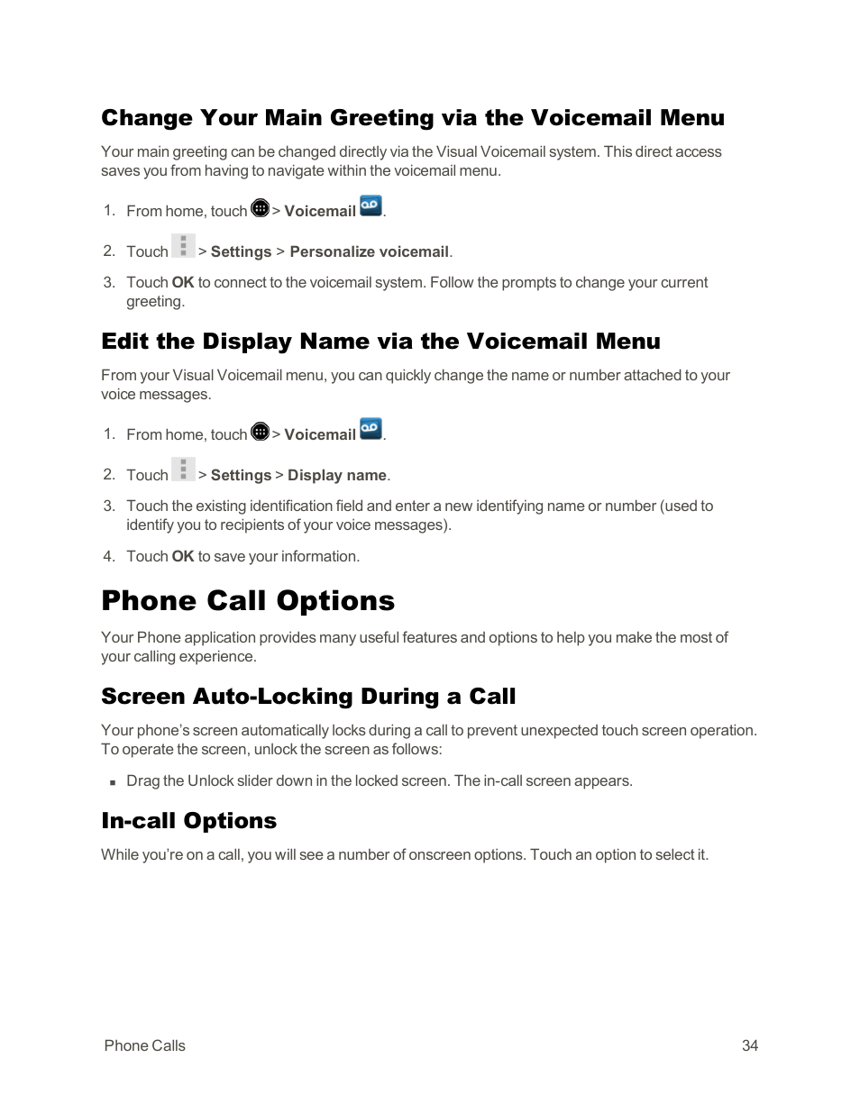Change your main greeting via the voicemail menu, Edit the display name via the voicemail menu, Phone call options | Screen auto-locking during a call, In-call options, Screen auto-locking during a, Call, For details | Sharp AQUOS Crystal User Manual | Page 44 / 171
