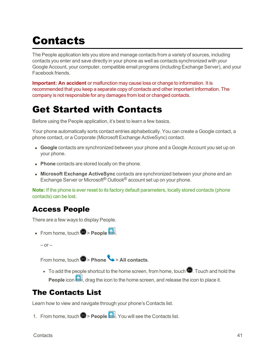 Contacts, Get started with contacts, Access people | The contacts list | Sharp AQUOS Crystal User Manual | Page 51 / 171