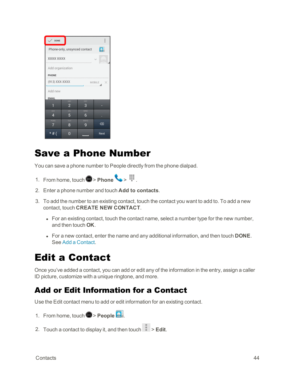 Save a phone number, Edit a contact, Add or edit information for a contact | Sharp AQUOS Crystal User Manual | Page 54 / 171