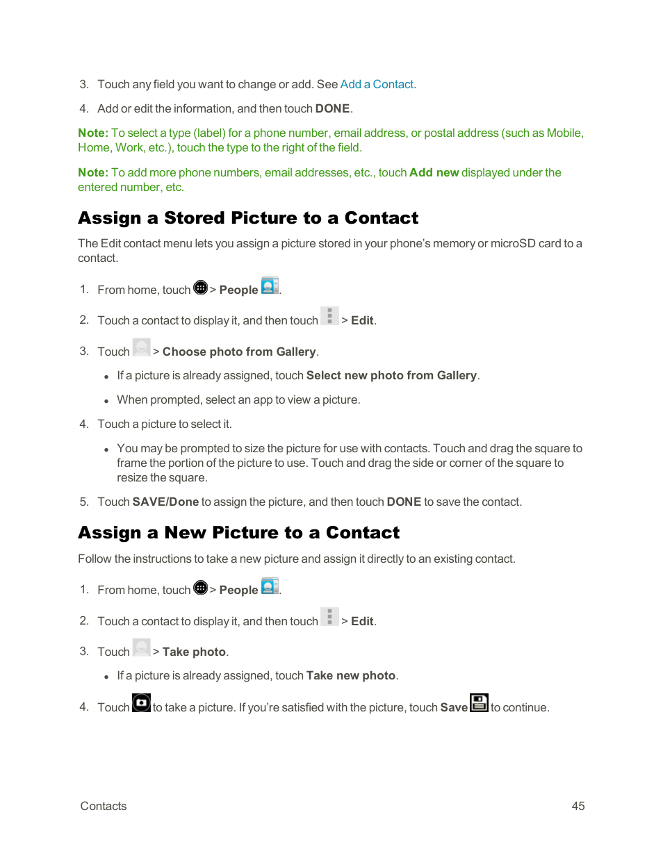 Assign a stored picture to a contact, Assign a new picture to a contact, Assign a stored picture to | A contact | Sharp AQUOS Crystal User Manual | Page 55 / 171