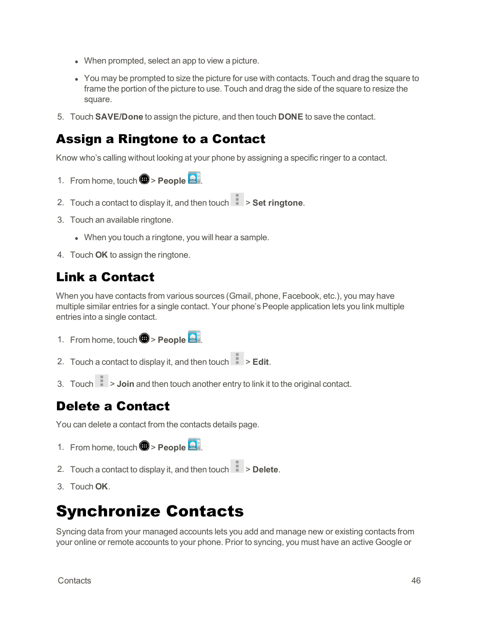 Assign a ringtone to a contact, Link a contact, Delete a contact | Synchronize contacts | Sharp AQUOS Crystal User Manual | Page 56 / 171