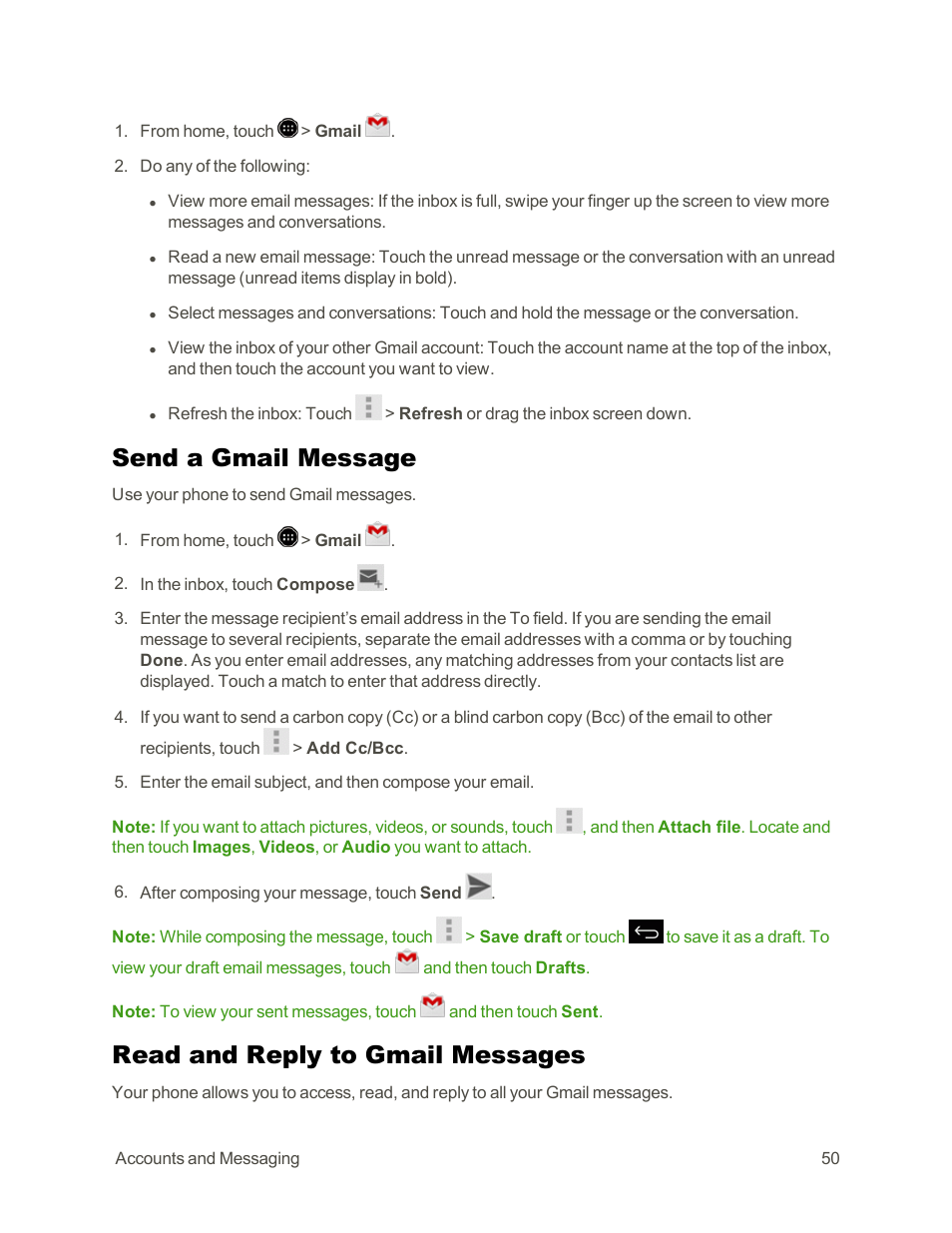Send a gmail message, Read and reply to gmail messages | Sharp AQUOS Crystal User Manual | Page 60 / 171