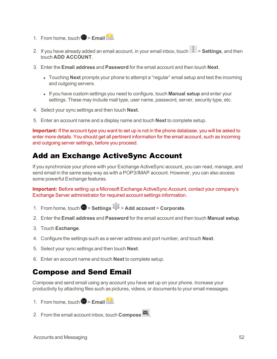 Add an exchange activesync account, Compose and send email | Sharp AQUOS Crystal User Manual | Page 62 / 171