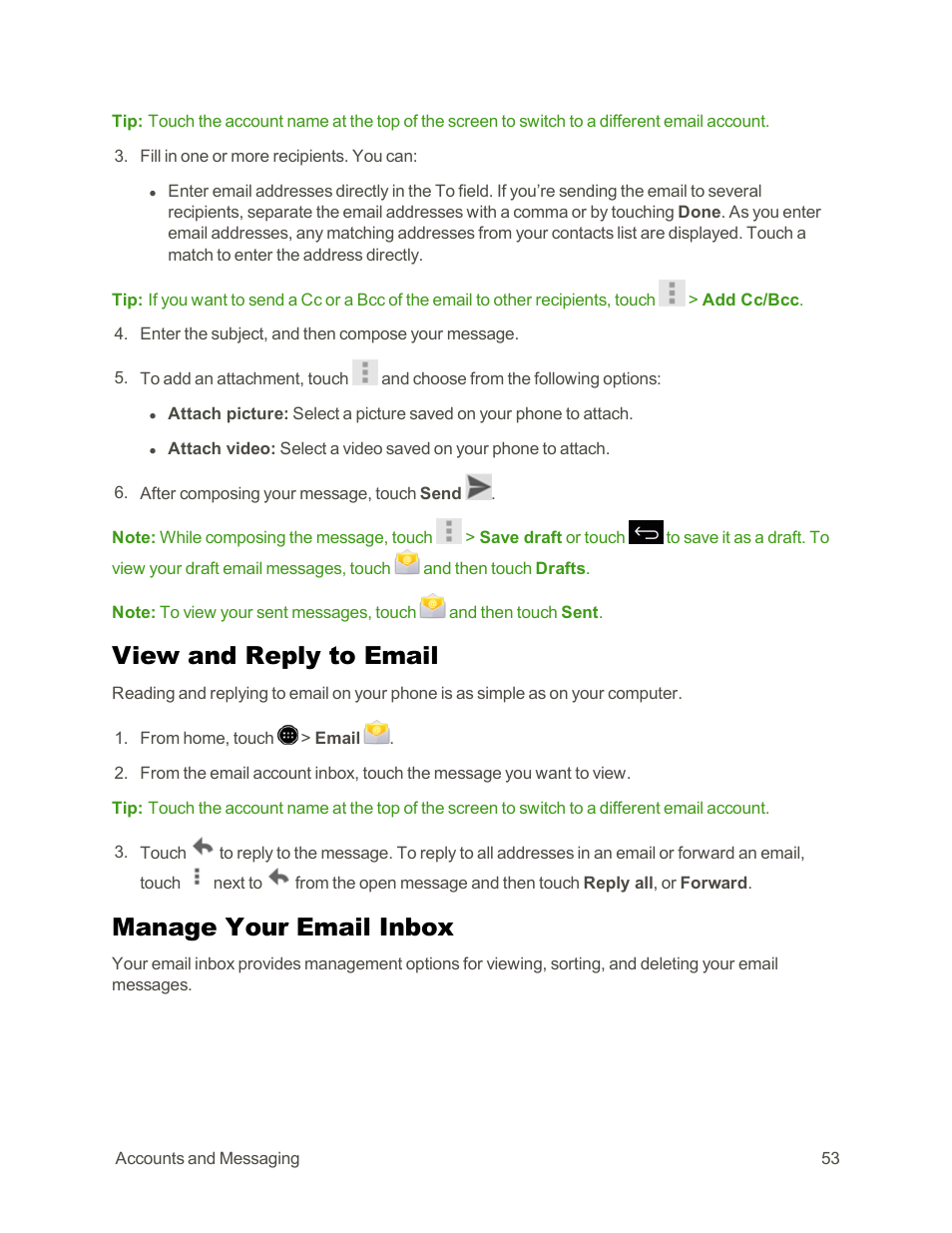 View and reply to email, Manage your email inbox | Sharp AQUOS Crystal User Manual | Page 63 / 171