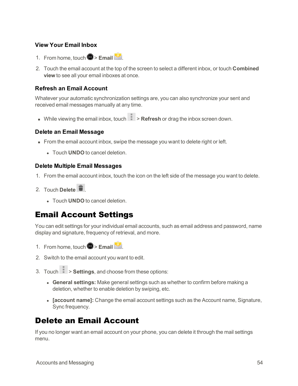 Email account settings, Delete an email account | Sharp AQUOS Crystal User Manual | Page 64 / 171