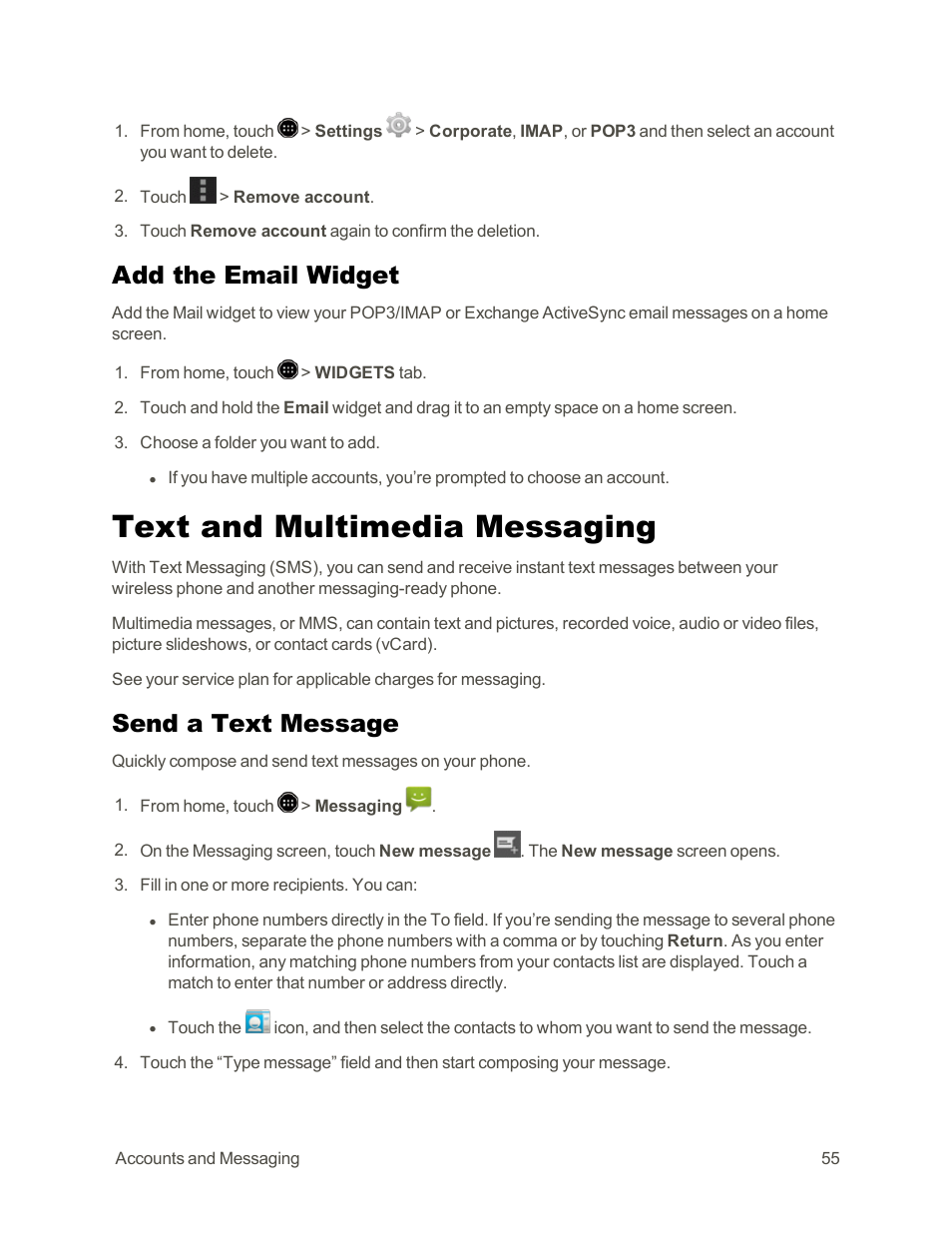 Add the email widget, Text and multimedia messaging, Send a text message | Sharp AQUOS Crystal User Manual | Page 65 / 171