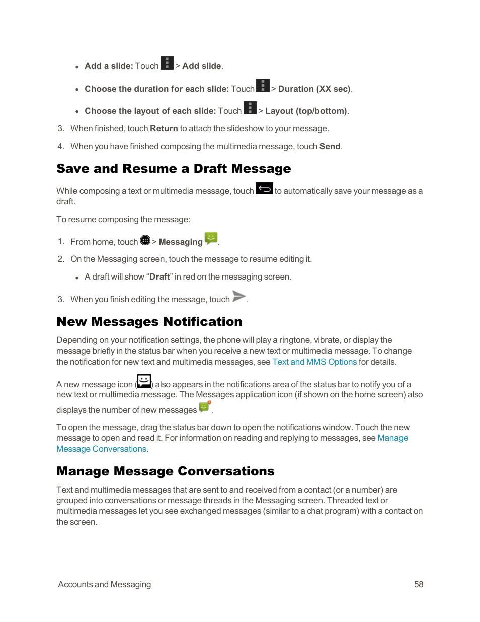 Save and resume a draft message, New messages notification, Manage message conversations | Sharp AQUOS Crystal User Manual | Page 68 / 171