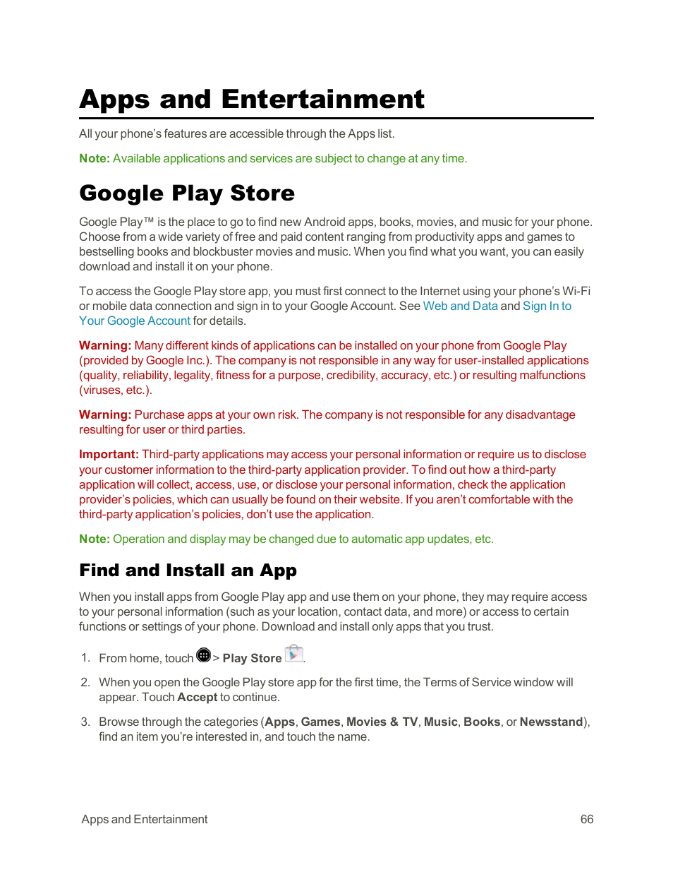 Apps and entertainment, Google play store, Find and install an app | Sharp AQUOS Crystal User Manual | Page 76 / 171