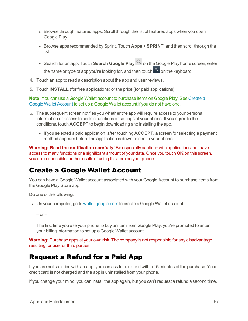 Create a google wallet account, Request a refund for a paid app | Sharp AQUOS Crystal User Manual | Page 77 / 171