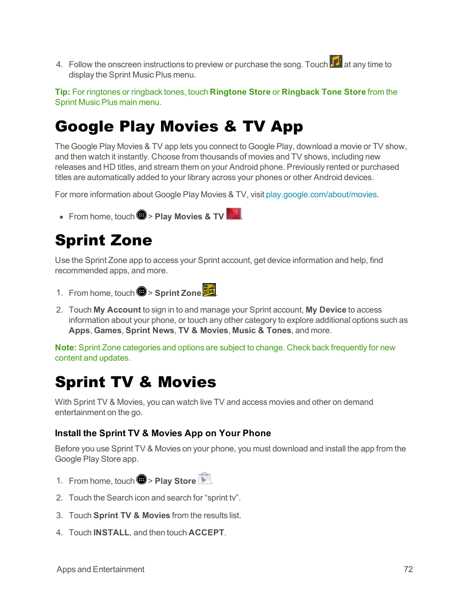 Google play movies & tv app, Sprint zone, Sprint tv & movies | Sharp AQUOS Crystal User Manual | Page 82 / 171
