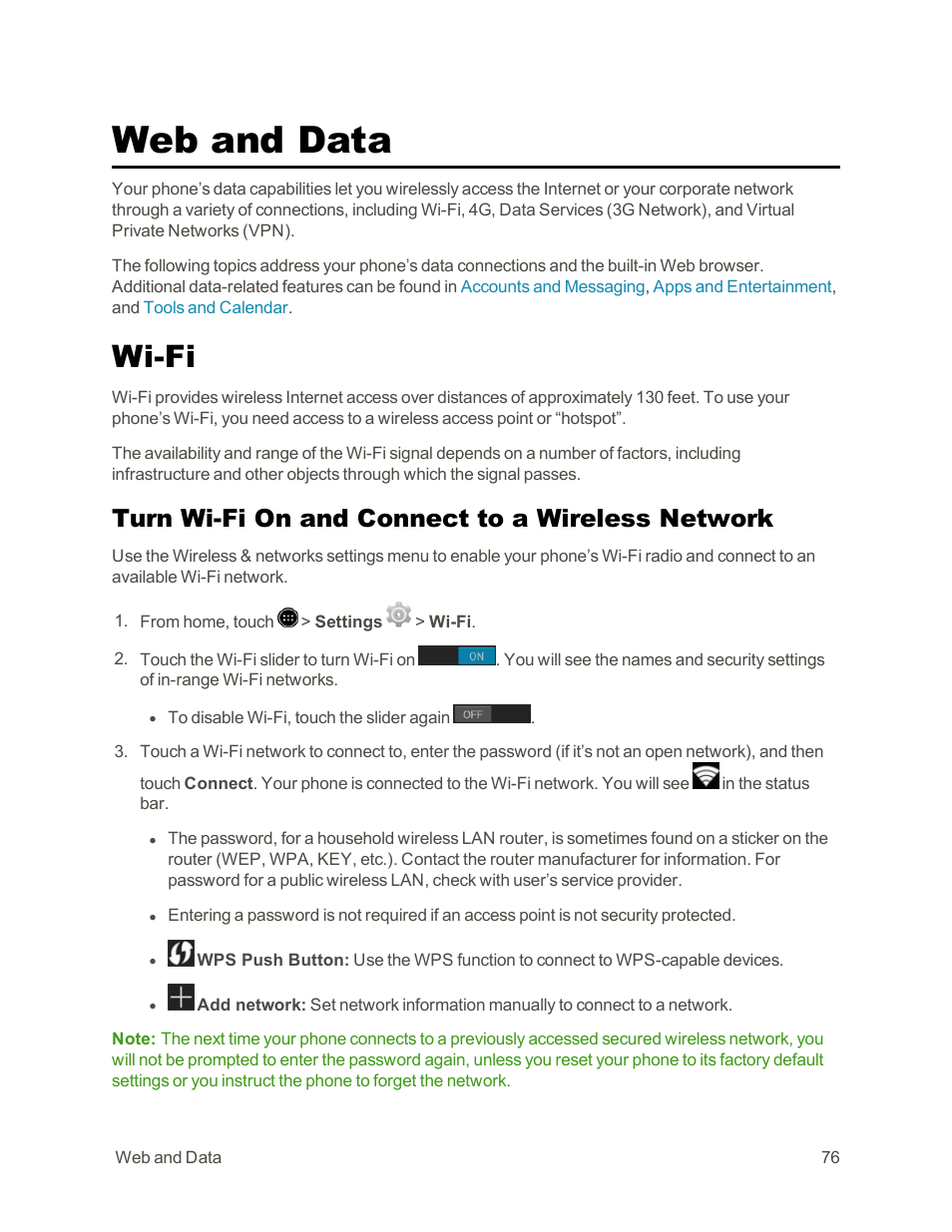 Web and data, Wi-fi, Turn wi-fi on and connect to a wireless network | Sharp AQUOS Crystal User Manual | Page 86 / 171