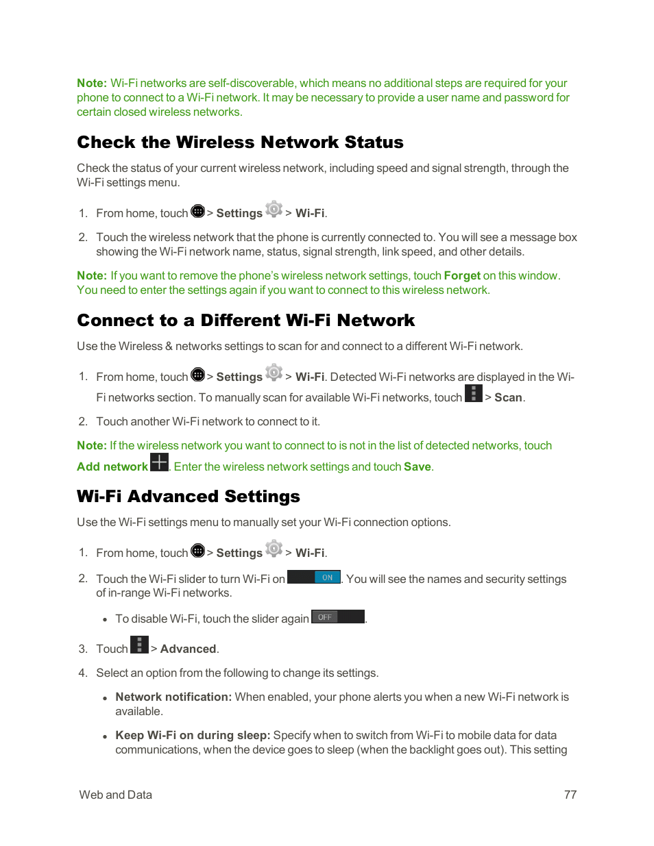 Check the wireless network status, Connect to a different wi-fi network, Wi-fi advanced settings | Sharp AQUOS Crystal User Manual | Page 87 / 171