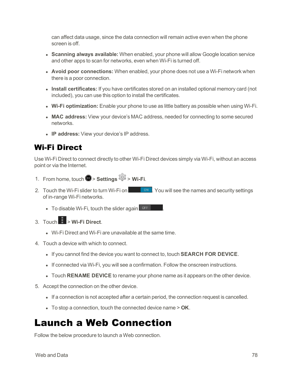 Wi-fi direct, Launch a web connection | Sharp AQUOS Crystal User Manual | Page 88 / 171