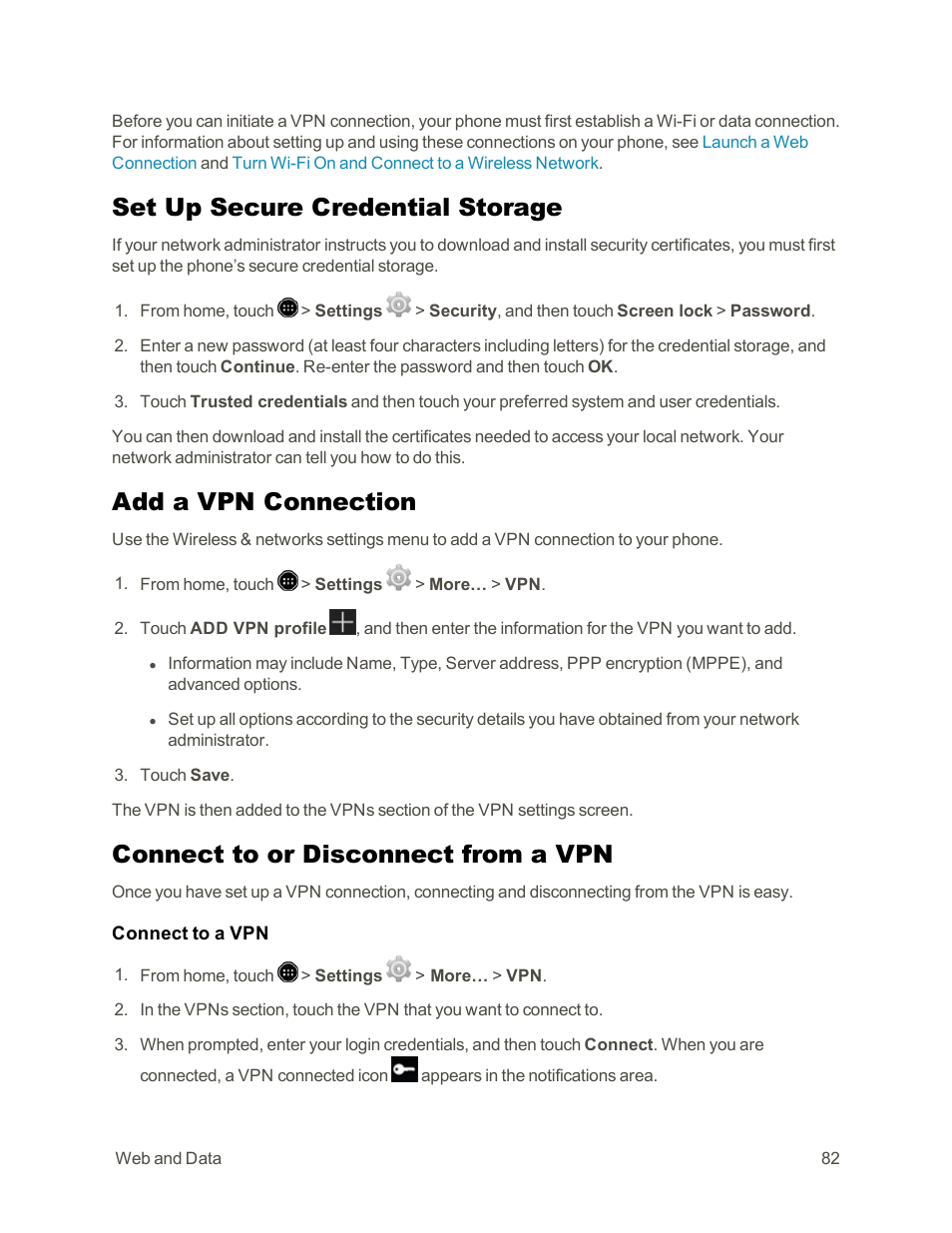 Set up secure credential storage, Add a vpn connection, Connect to or disconnect from a vpn | Sharp AQUOS Crystal User Manual | Page 92 / 171