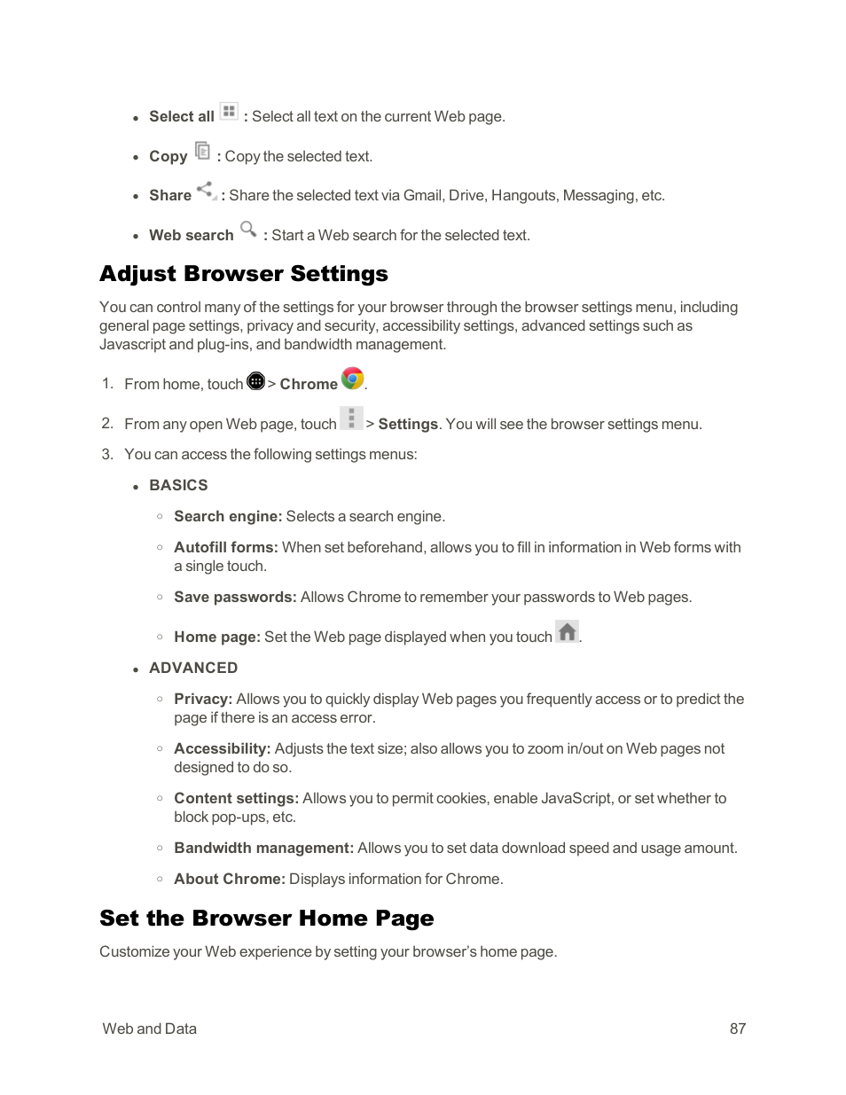 Adjust browser settings, Set the browser home, Adjust browser | Settings, Set the browser home page | Sharp AQUOS Crystal User Manual | Page 97 / 171