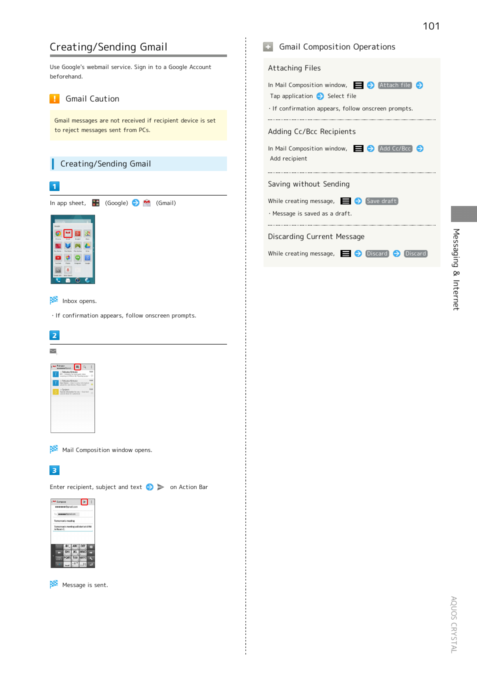 Creating/sending gmail, Messaging & internet, Gmail caution | Gmail composition operations | Sharp AQUOS Crystal User Manual | Page 103 / 240