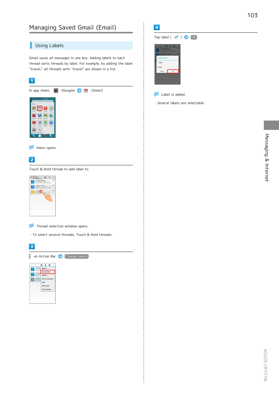 Managing saved gmail ​(email), Managing saved gmail (email), Messaging & internet | Using labels | Sharp AQUOS Crystal User Manual | Page 105 / 240