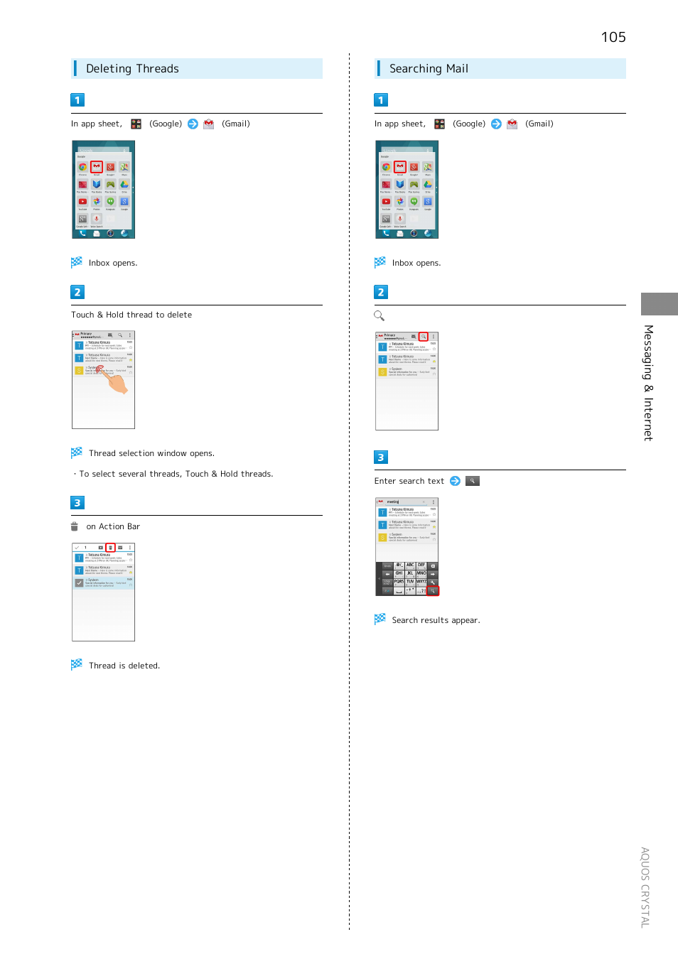 Messaging & internet, Deleting threads, Searching mail | Sharp AQUOS Crystal User Manual | Page 107 / 240