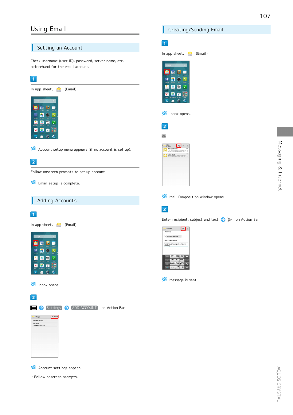 Using email, Messaging & internet, Setting an account | Adding accounts, Creating/sending email | Sharp AQUOS Crystal User Manual | Page 109 / 240