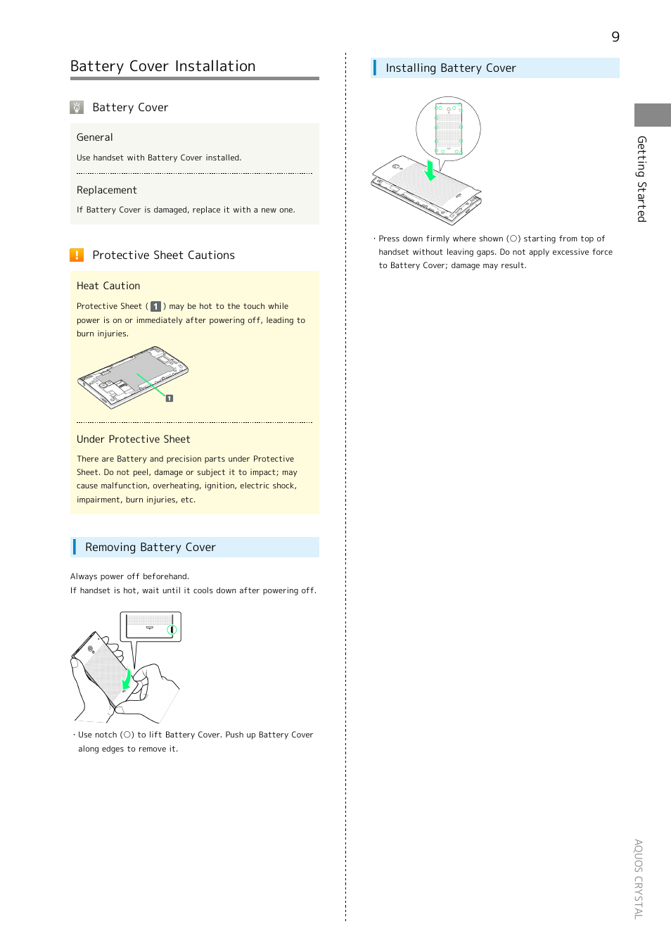 Battery cover installation | Sharp AQUOS Crystal User Manual | Page 11 / 240