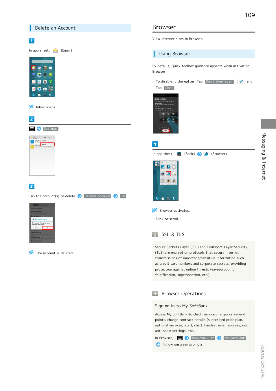 Browser, Messaging & internet, Delete an account | Using browser, Ssl & tls, Browser operations | Sharp AQUOS Crystal User Manual | Page 111 / 240