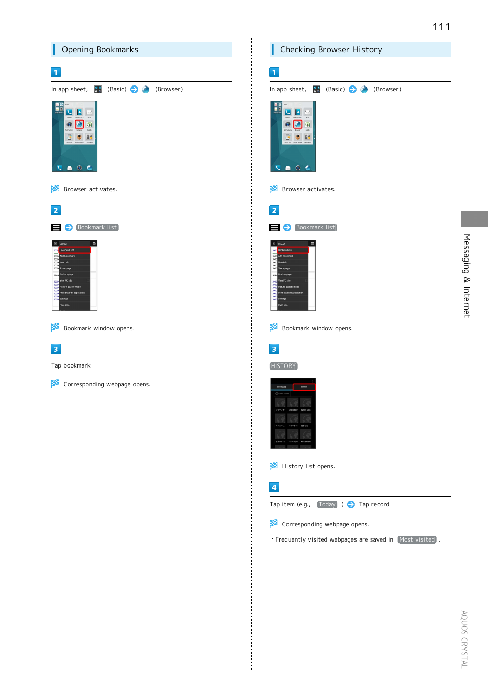 Messaging & internet, Opening bookmarks, Checking browser history | Sharp AQUOS Crystal User Manual | Page 113 / 240
