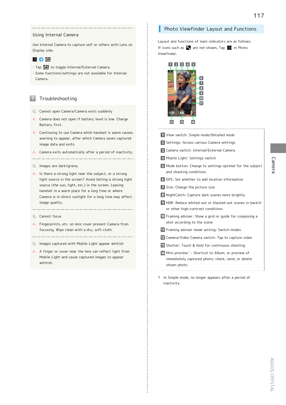 Camera, Troubleshooting, Photo viewfinder layout and functions | Sharp AQUOS Crystal User Manual | Page 119 / 240