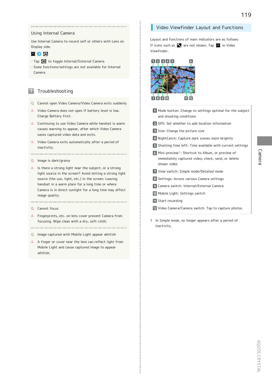 Camera, Troubleshooting, Video viewfinder layout and functions | Sharp AQUOS Crystal User Manual | Page 121 / 240