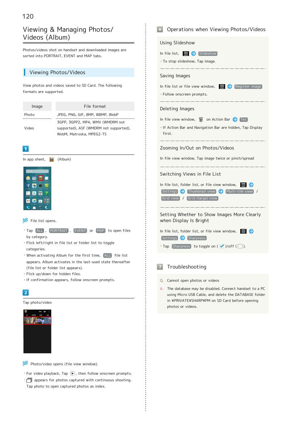 Viewing & managing photos/videos ​(album), Viewing & managing photos/videos (album), Viewing & managing photos/ videos (album) | Viewing photos/videos, Operations when viewing photos/videos, Troubleshooting | Sharp AQUOS Crystal User Manual | Page 122 / 240