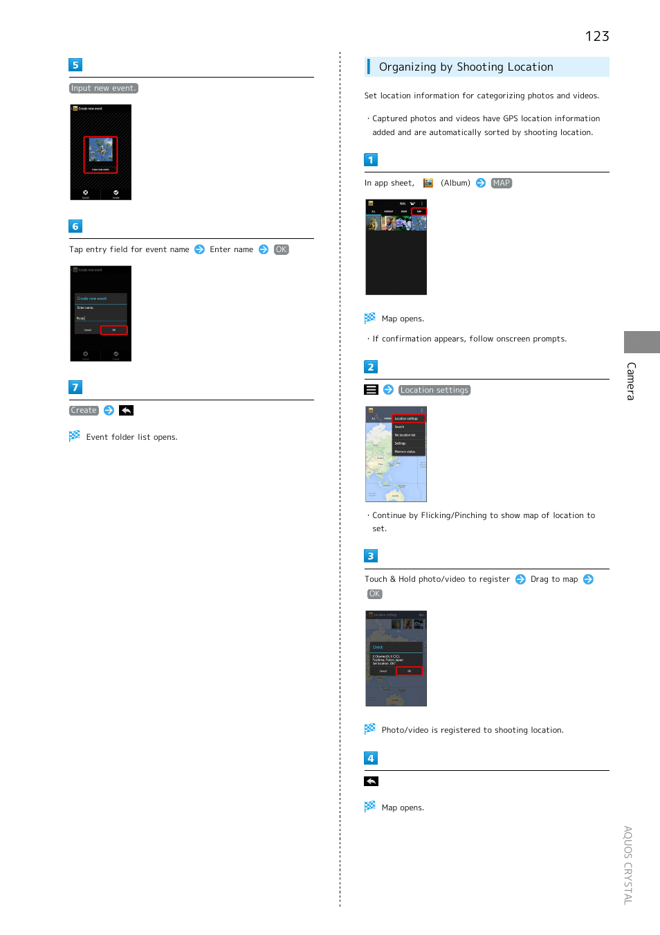 Camera, Organizing by shooting location | Sharp AQUOS Crystal User Manual | Page 125 / 240