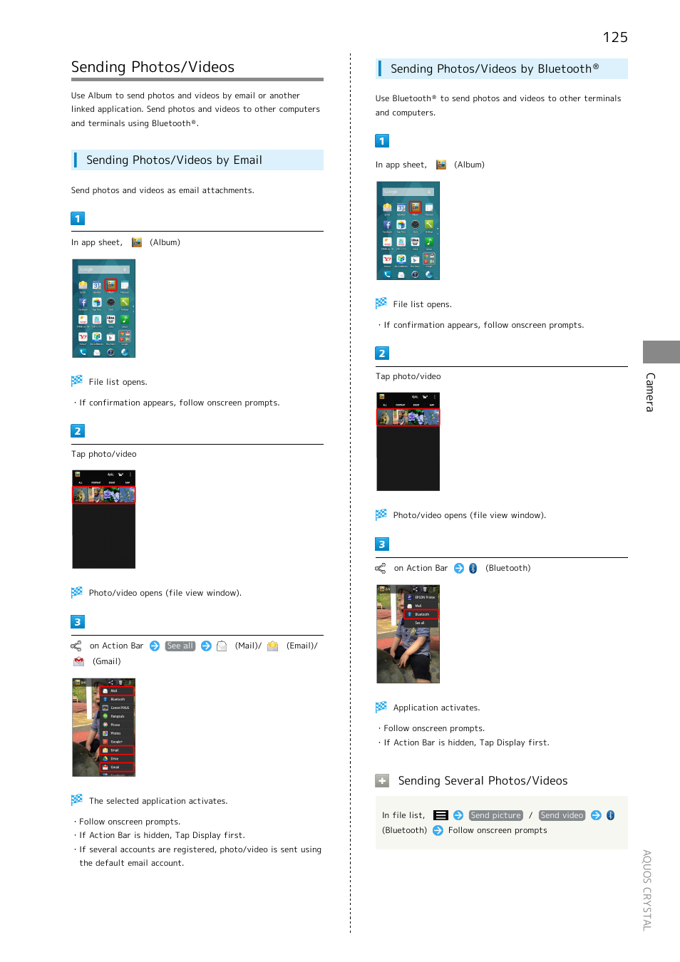 Sending photos/videos, Camera, Sending photos/videos by email | Sending photos/videos by bluetooth, Sending several photos/videos | Sharp AQUOS Crystal User Manual | Page 127 / 240