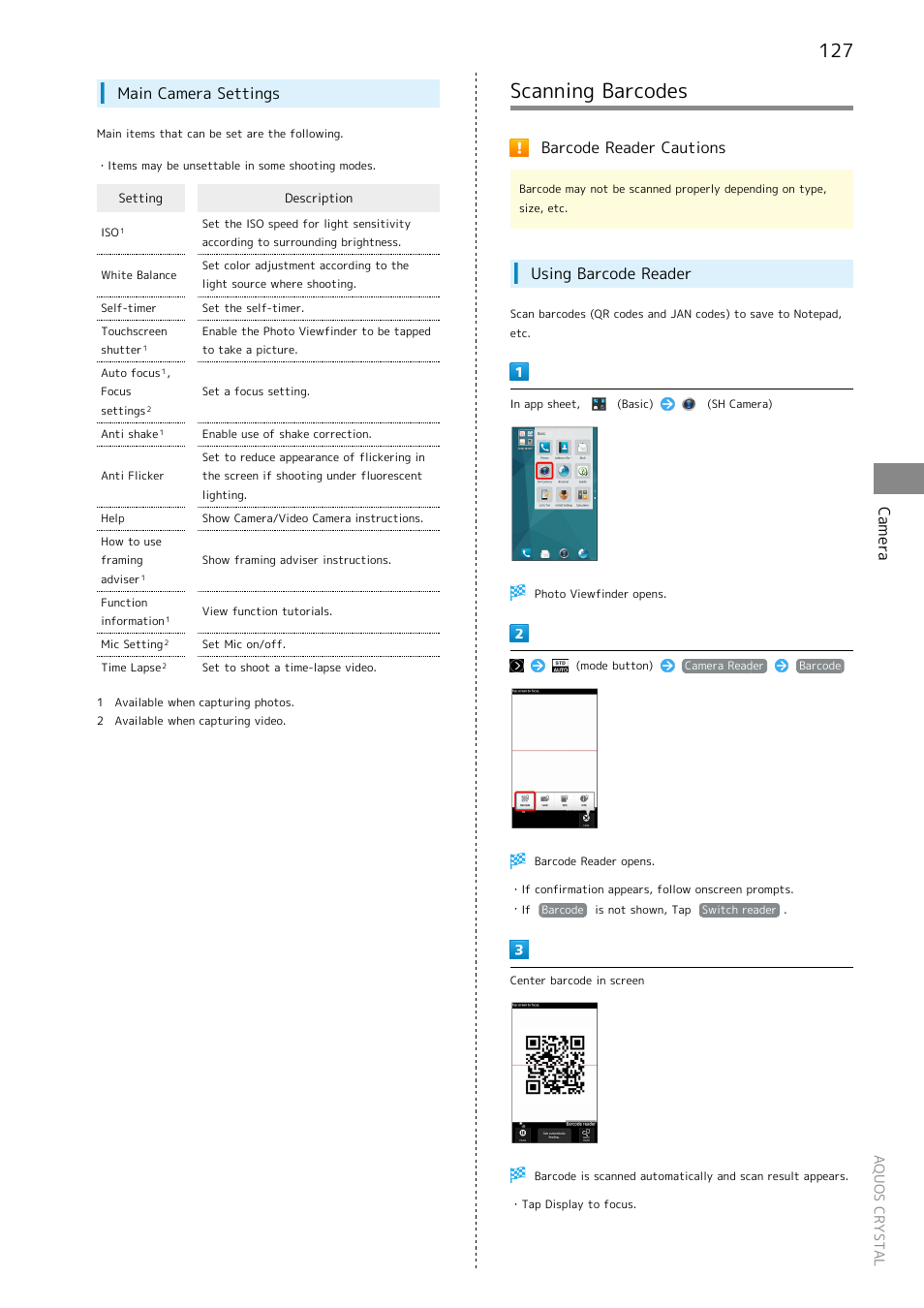 Scanning barcodes, Camera, Main camera settings | Barcode reader cautions, Using barcode reader | Sharp AQUOS Crystal User Manual | Page 129 / 240