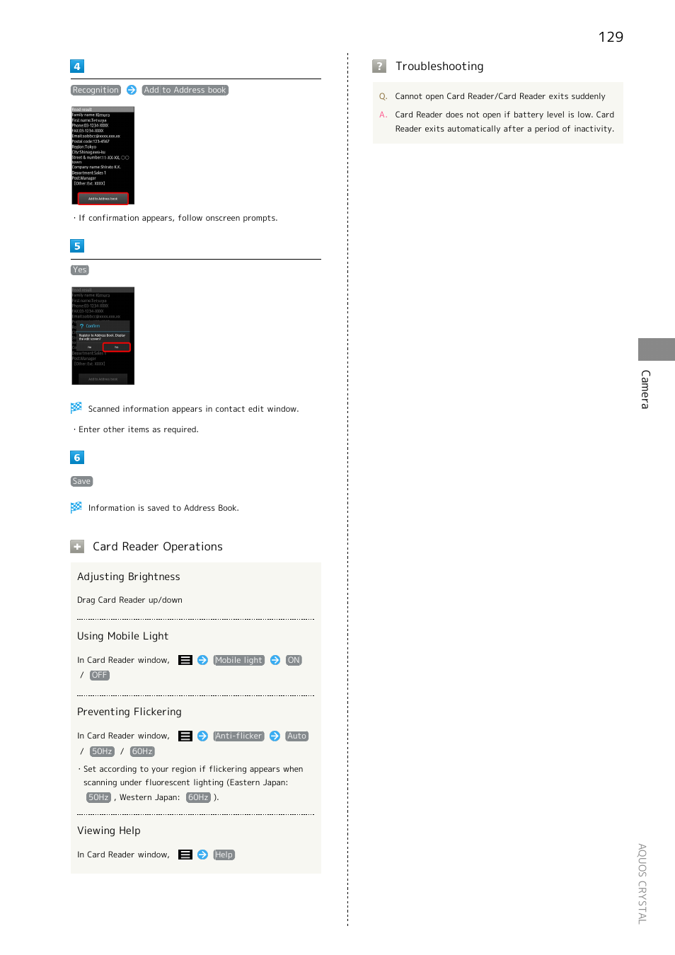 Camera, Card reader operations, Troubleshooting | Sharp AQUOS Crystal User Manual | Page 131 / 240