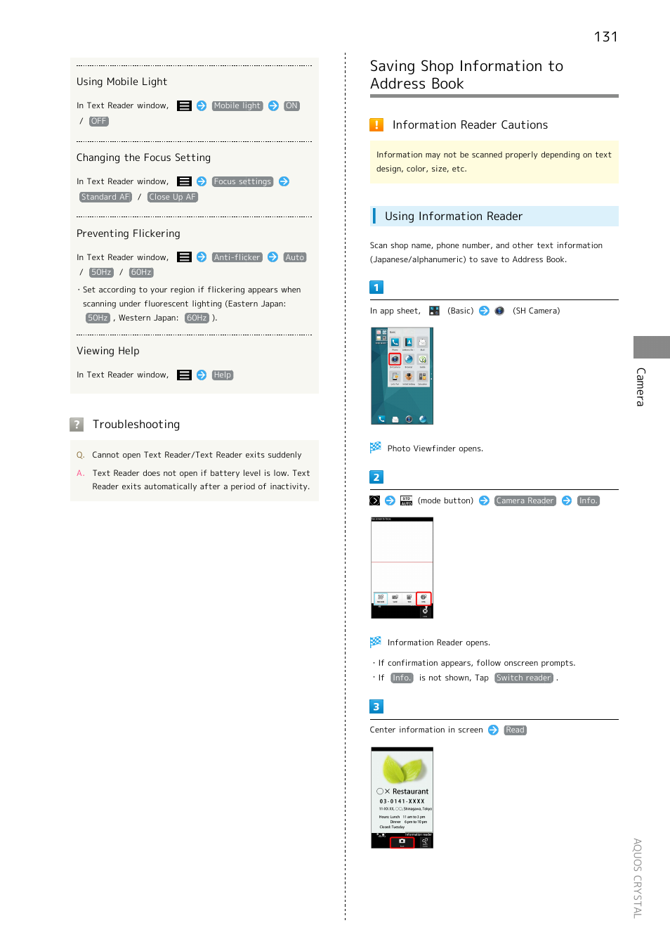 Saving shop information to address book, Camera, Troubleshooting | Information reader cautions, Using information reader | Sharp AQUOS Crystal User Manual | Page 133 / 240