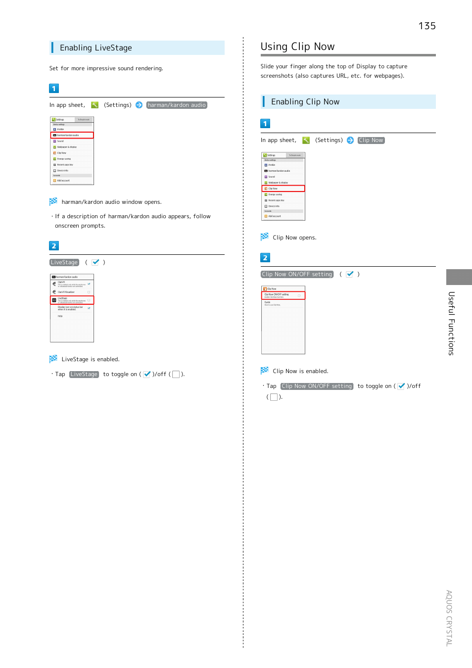 Using clip now, Top edge of display to capture a screenshot. see, Using clip | For details, Useful functions, Enabling livestage, Enabling clip now | Sharp AQUOS Crystal User Manual | Page 137 / 240